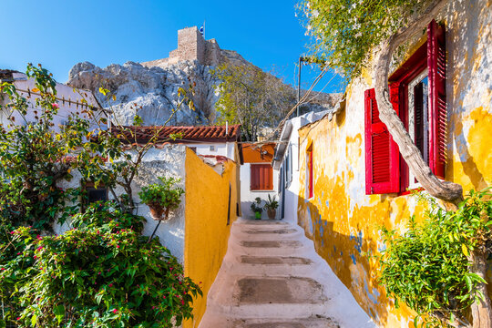 Fototapeta Colorful street view in Plaka District of Athens.
