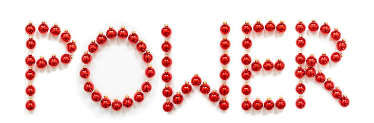 Red Christmas Ball Ornament Building English Word Power. Festive Christmas Decoration. White Isolated Background