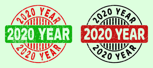 2020 YEAR bicolor round imprints with scratched surface. Flat vector scratched seal stamps with 2020 YEAR caption inside round shape, in red, black, green colors. Round bicolour seal stamps.