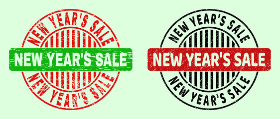 NEW YEAR'S SALE bicolor round imprints with grunged surface. Flat vector distress seal stamps with NEW YEAR'S SALE caption inside circle, in red, black, green colors. Round bicolor seal stamps.