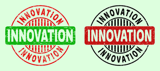 INNOVATION bicolor round watermarks with grunged surface. Flat vector grunge seal stamps with INNOVATION phrase inside circle, in red, black, green colors. Round bicolor seal stamps.