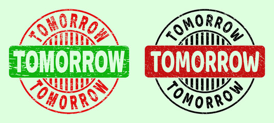 TOMORROW bicolor round imprints with scratched texture. Flat vector scratched watermarks with TOMORROW title inside round shape, in red, black, green colors. Round bicolor seal stamps.