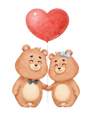 two cute bears in love with a balloon heart, watercolor illustration for Valentine's Day