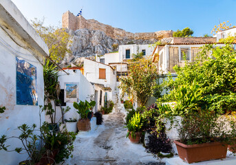 Colorful street view in Plaka District of Athens.