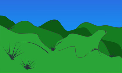 Fototapeta na wymiar Grüne Hügellandschaft aus verschiedenen Grüntönen und einige Gräser und blauem Himmel