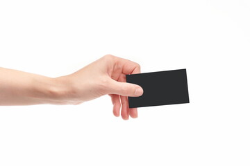Hand with business card on white background and with copy space