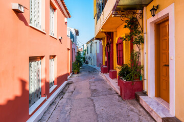 Colorful street view in Plaka District of Athens.