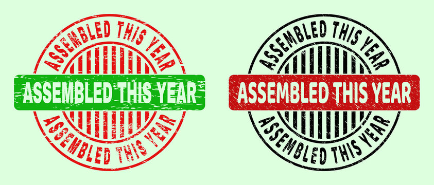 ASSEMBLED THIS YEAR bicolor round watermarks with grunged texture. Flat vector grunge seals with ASSEMBLED THIS YEAR phrase inside round shape, in red, black, green colors. Round bicolor watermarks.