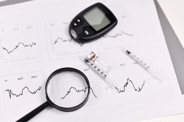 Magnifying glass over blood glucose sugar level diagrams of person with diabetes with syringe, vial...