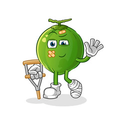 coconut sick with limping stick character. cartoon mascot vector