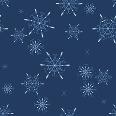 Fototapeta na wymiar Vector snowflakes seamless pattern. Elegant blue Christmas and New Year background texture with snow, snowflakes. Winter holidays theme. Vintage style. Repeat design for decor, print, wallpapers, wrap