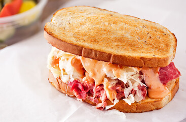Classic American style Reuben sandwich on toasted rye bread with copy space