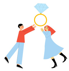 A man gives a diamond ring to a woman. The moment of the engagement. Vector modern illustration.