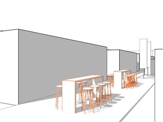 Abstract 3d illustration of an open space meeting area among blocks with bistro table and chairs. Furniture is outlined in orange color. Perspective with shadows. 