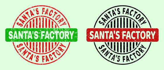 SANTA'S FACTORY bicolor round watermarks with distress texture. Flat vector distress stamps with SANTA'S FACTORY caption inside circle, in red, black, green colors. Round bicolor watermarks.