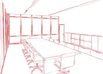 3d illustration of a small meeting room in an office. Red colored outlines in hand sketch style. 