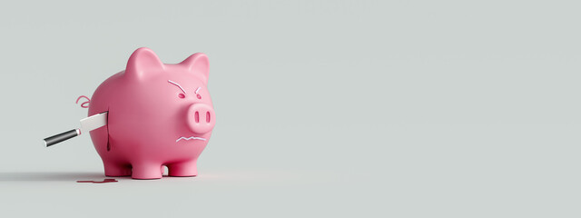 Stabbed Piggy bank with kitchen knife , business and economy concept background 3D Rendering