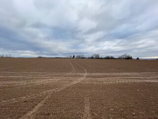 Traktorspur auf einem abgeernteten Feld in Esslingen