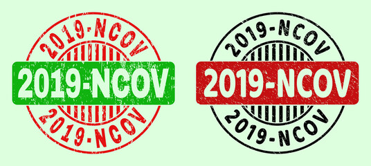 2019-NCOV bicolor round rubber imitations with scratched style. Flat vector distress seal stamps using 2019-NCOV text inside round shape, in red, black, green colors. Round bicolor stamps.