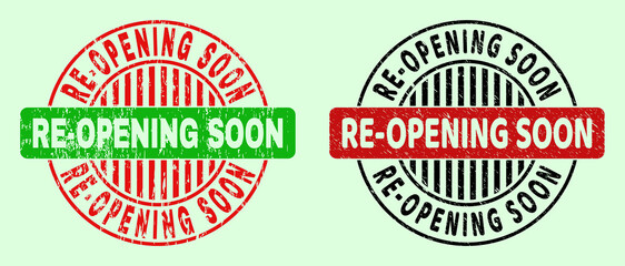 RE-OPENING SOON bicolor round imprints with scratched surface. Flat vector textured seals with RE-OPENING SOON phrase inside round shape, in red, black, green colors. Round bicolor seals.