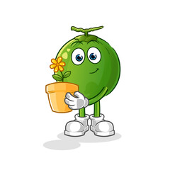 coconut with a flower pot illustration. character vector