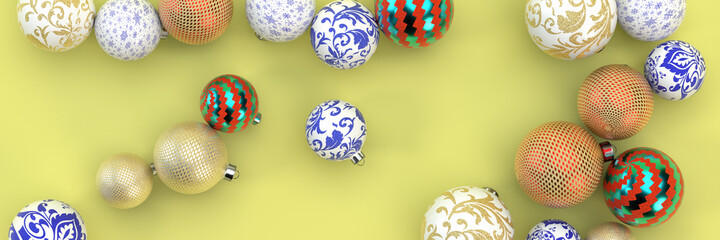 Many Christmas balloons with ornaments on a yellow background. The view from the top. New Year's concept. 3D visualization