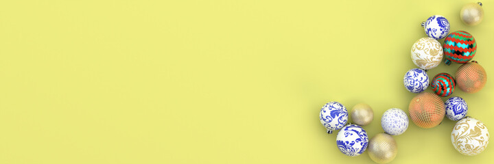 Many Christmas balloons with ornaments on a yellow background. The view from the top. New Year's concept. 3D visualization