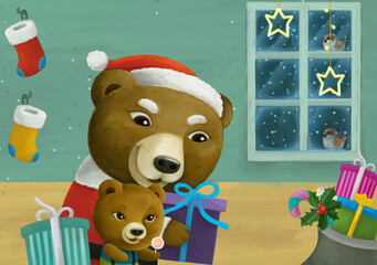 cartoon scene with animal santa claus bear with presents christmas illustration