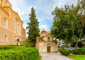 Metropolitan Church of Athens and Agios Eleftherios Church view in Athens.