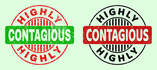 HIGHLY CONTAGIOUS bicolor round watermarks with corroded surface. Flat vector textured seal stamps with HIGHLY CONTAGIOUS caption inside round shape, in red, black, green colors.