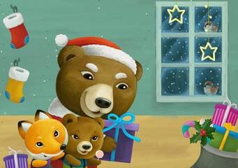 cartoon scene with animal santa claus bear with presents christmas illustration