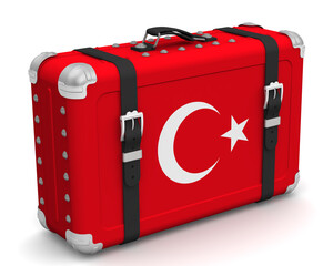 Stylish suitcase with the national flag of Turkey. Retro suitcase with the national flag of Turkey stands on a white surface. 3D illustration