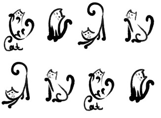 pattern of cats drawn with a black line on a white background