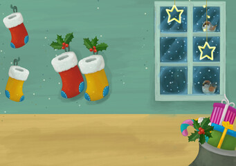 cartoon scene with presents christmas illustration