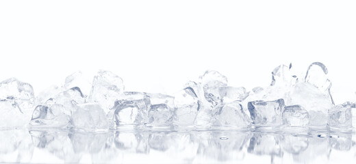 Natural crystal clear melting ice cubes on white reflective surface background.