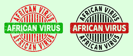 AFRICAN VIRUS bicolor round rubber imitations with scratched style. Flat vector scratched seal stamps using AFRICAN VIRUS message inside round shape, in red, black, green colors.