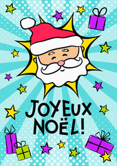Naklejka premium French Merry Christmas pop art banner with Santa Claus. Comic greeting card for France with Merry Christmas, gifts and stars. Vector illustration. Translation: Merry Christmas