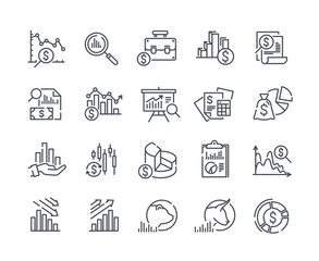 Set of financial analytics related vector line icons. Gainers and losers, portfolio analysis, financial report and more. Editable Stroke