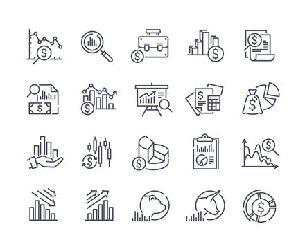 Set of financial analytics related vector line icons. Gainers and losers, portfolio analysis, financial report and more. Editable Stroke