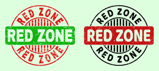 RED ZONE bicolor round imprints with grunge texture. Flat vector grunge seal stamps with RED ZONE caption inside circle, in red, black, green colors. Round bicolour stamps.