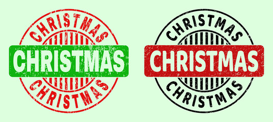 CHRISTMAS bicolor round rubber imitations with corroded style. Flat vector grunge stamps with CHRISTMAS caption inside round shape, in red, black, green colors. Round bicolor stamps.