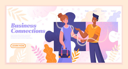 Business connections abstract concept. Multiracial entrepreneurs, man and woman communicating. Flat cartoon vector illustration. Website, web page, landing page template.