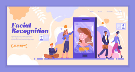 Facial recognition concept. Verification of human face in the crowd horizontal banner. Electronic identification system. Control and security technology. Wesite, web page, landing page template