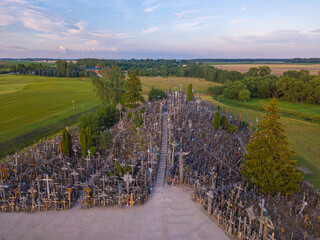 Hill of Crosses, a shrine in Lithuania, a place of pilgrimage. View from a drone.