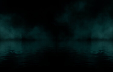 Dramatic dark background. Reflection of light on the water. Smoke Fog, rays, the moon. Empty night scene, landscape, river, clouds. 