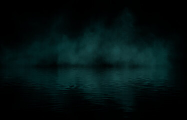 Dramatic dark background. Reflection of light on the water. Smoke Fog, rays, the moon. Empty night scene, landscape, river, clouds. 