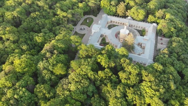 Aerial flight over Upper Nicholas Baths named after Russian Emperor Nicholas II. Mineral baths in Essentuki park at KMV. Russia, Essentuki, 08/15/2020