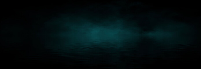 Dramatic dark background. Reflection of light on the water. Smoke Fog, rays, the moon. Empty night scene, landscape, river, clouds. 