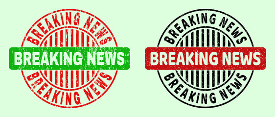 BREAKING NEWS bicolor round rubber imitations with corroded texture. Flat vector scratched seals using BREAKING NEWS caption inside round shape, in red, black, green colors. Round bicolor seals.