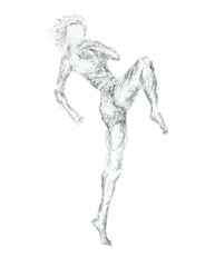 female athlete ready for a high kick, people sketching